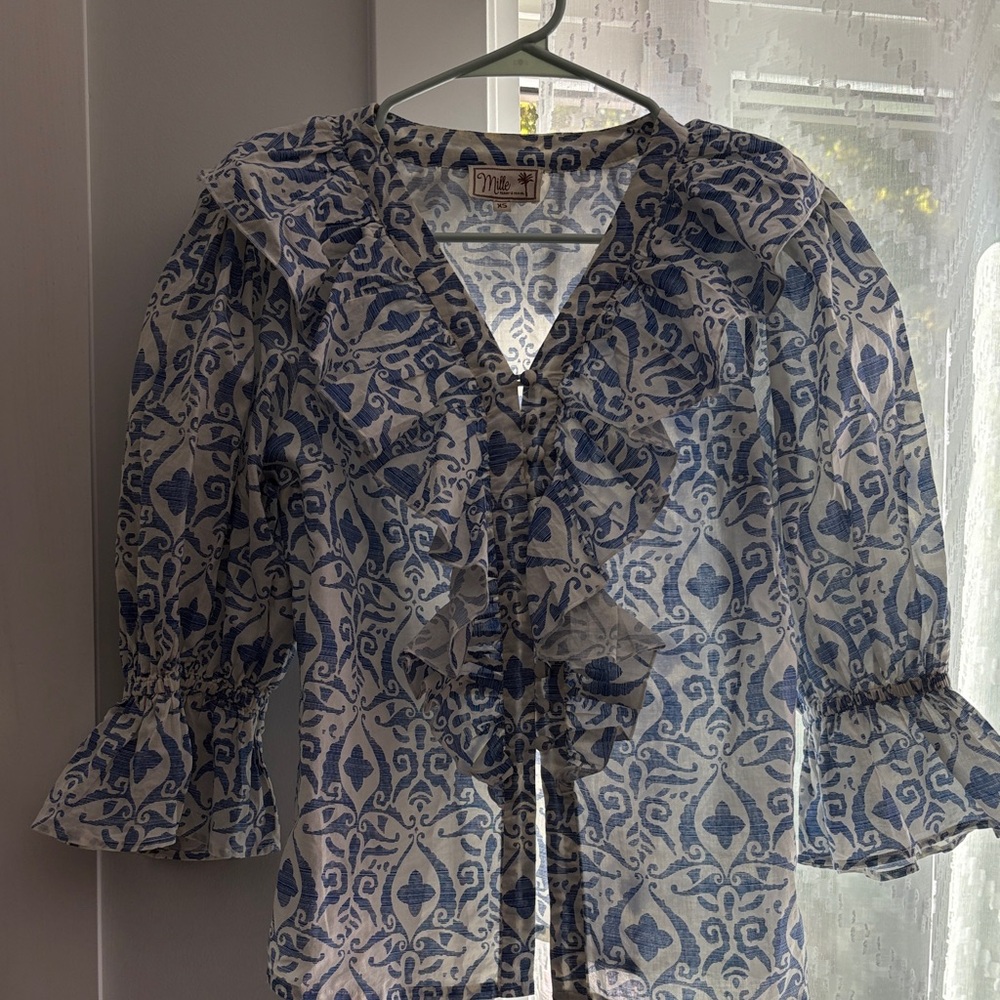 Mille Stylish Blue and White Blouse with Ruffle Details